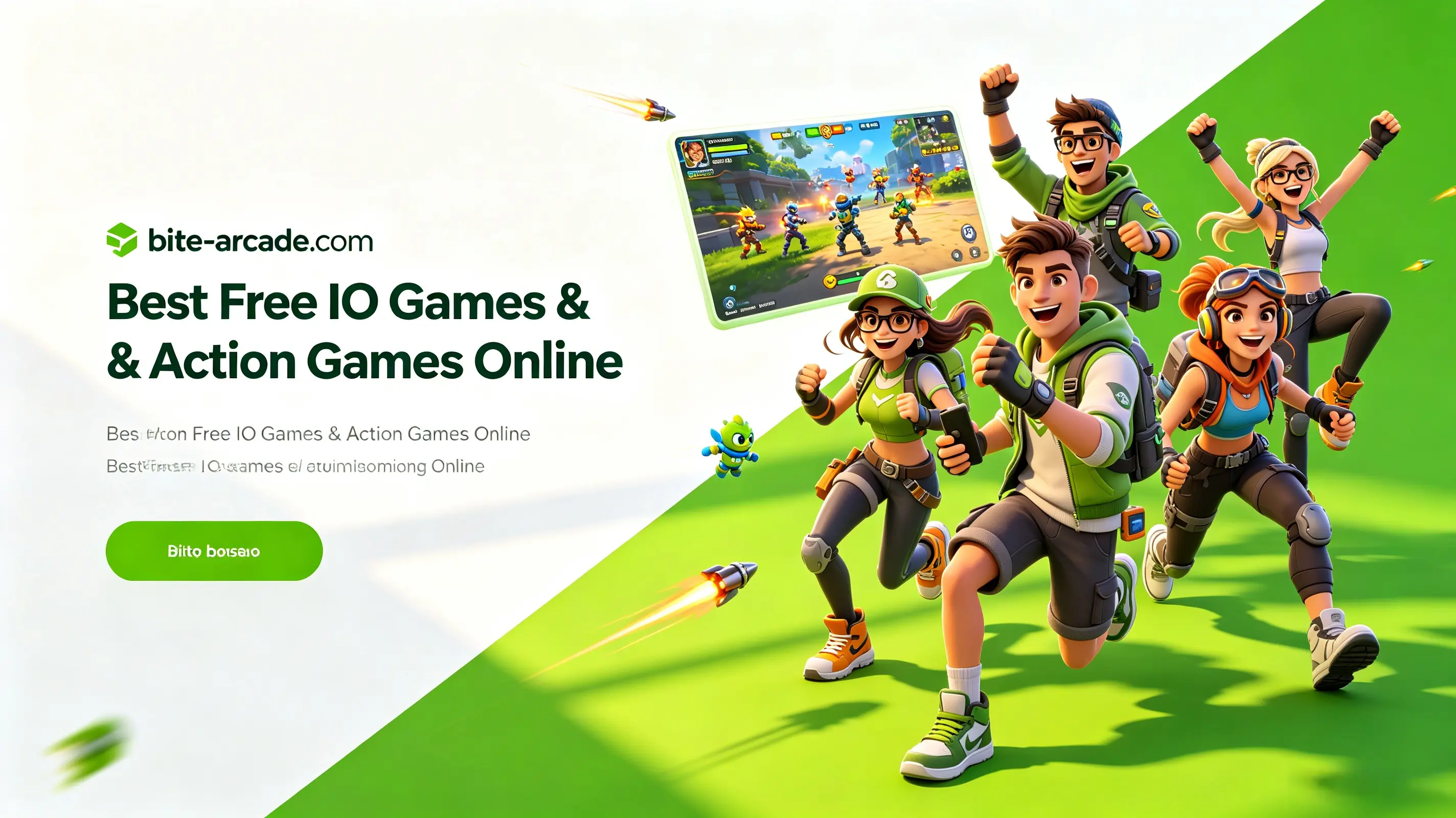 Bite-Arcade free IO games and action games online banner showing excited gamers