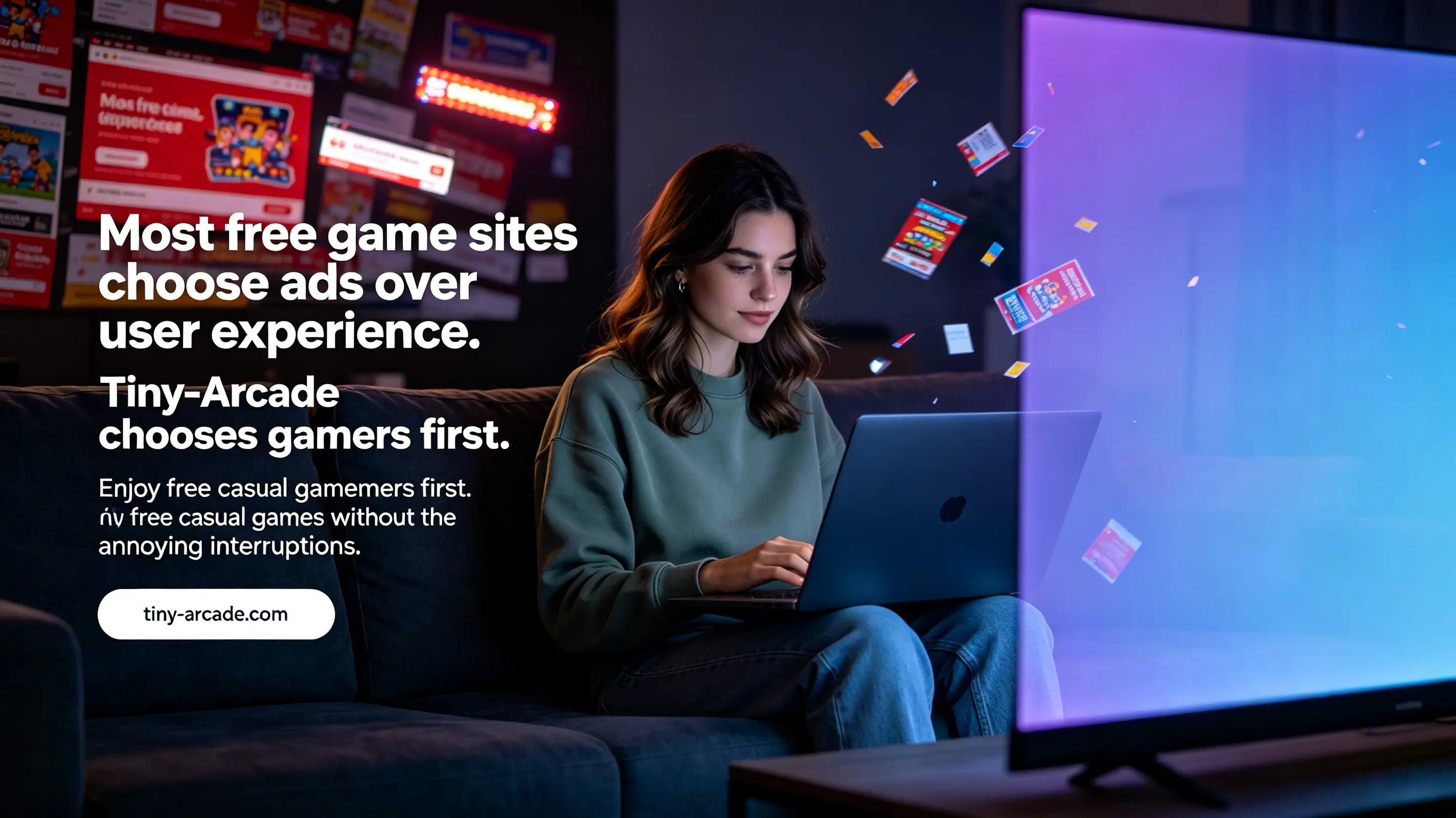 Tiny-Arcade ad-free casual gaming experience banner showing relaxed gamer on laptop